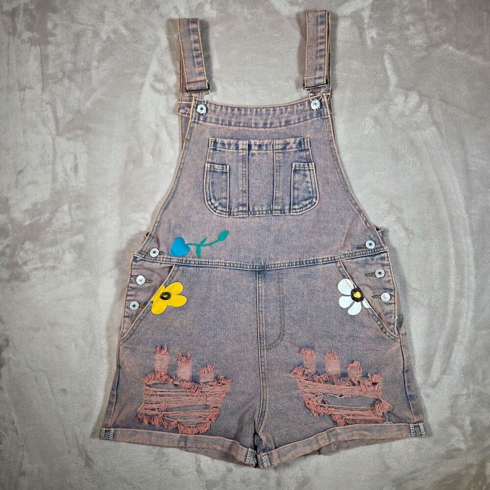 Misslook Denim Short Overalls Size M Blue Pink Wash Floral Detail